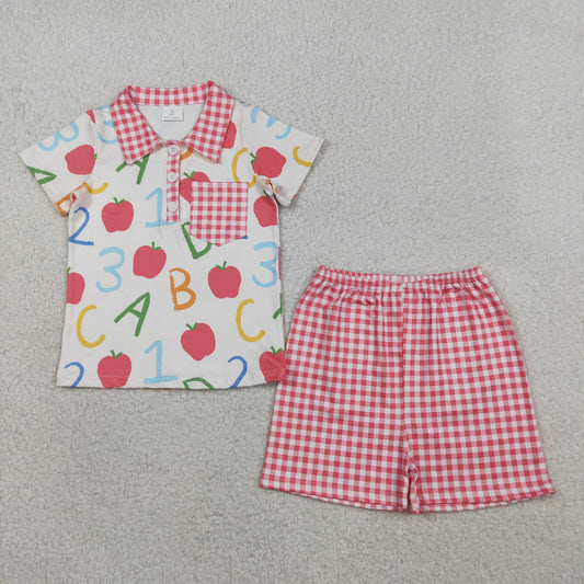 BSSO1913 Back to School Apple Letter Red Plaid Pocket Polo Short Sleeve Shorts Boys Sets 202603 RTS