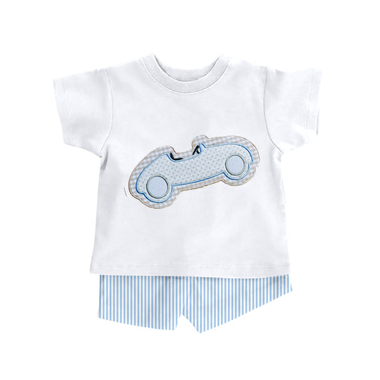 MOQ 5 PCS preorder BSSO1915 Car White Short Sleeve Blue Stripe Shorts Boys Sets 202601