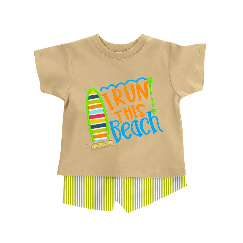 MOQ 5 PCS preorder BSSO1916 I run this beach surfboard, Letter Khaki Short Sleeve Green Stripe Shorts Boys Sets 202601