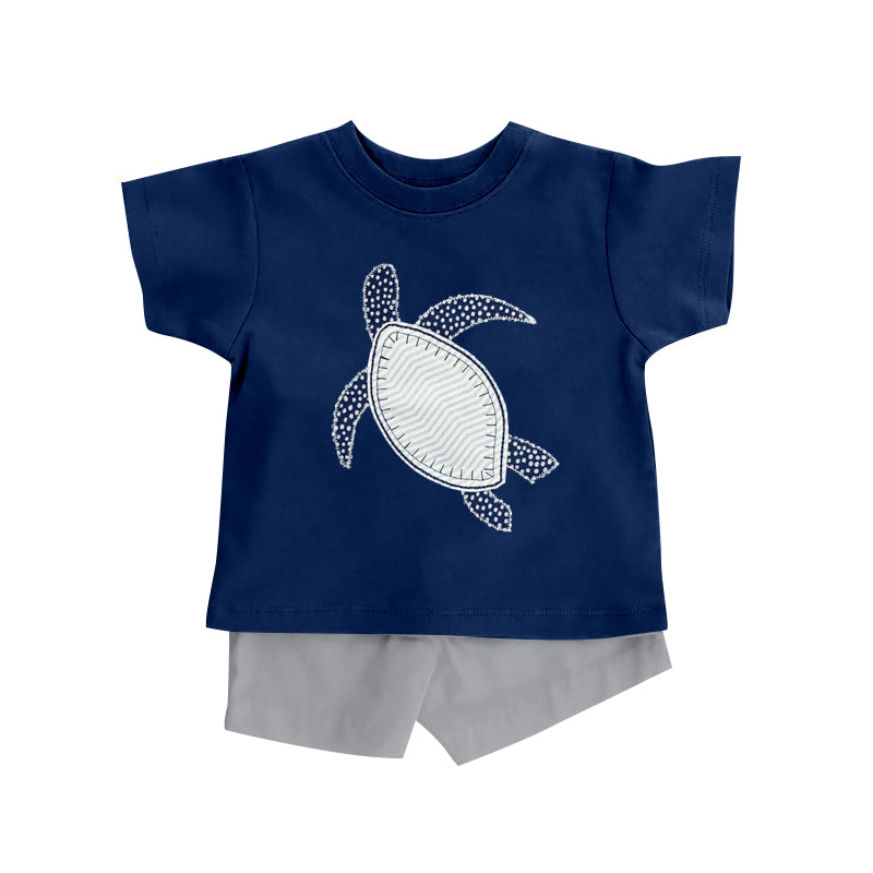 MOQ 5 PCS preorder BSSO1917 Turtle Navy Blue Short Sleeve Gray Shorts Boys Sets 202601