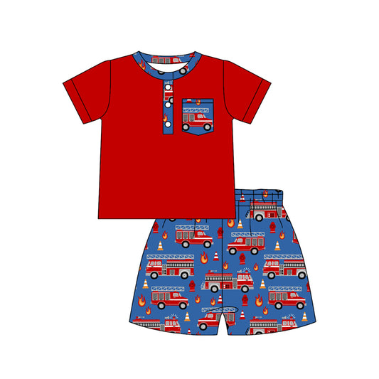 MOQ 5 PCS preorder BSSO1923 Fire Truck Pocket Button Red Short Sleeve Shorts Boys Sets 202601