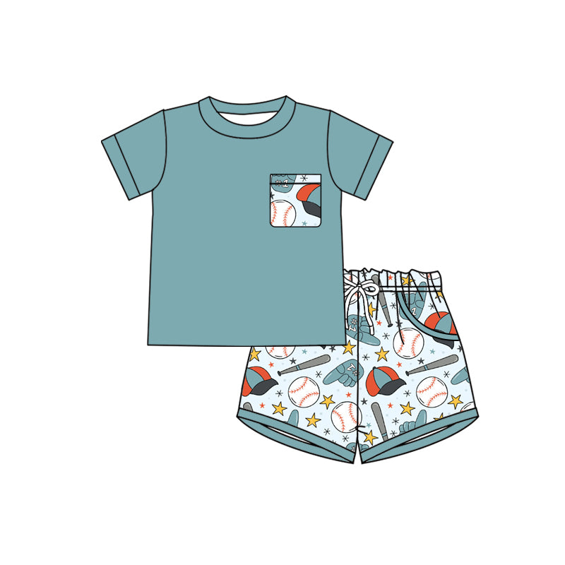 MOQ 5 PCS preorder BSSO1924 Baseball Star Pocket Blue Green Short Sleeve Shorts Boys Sets 202601