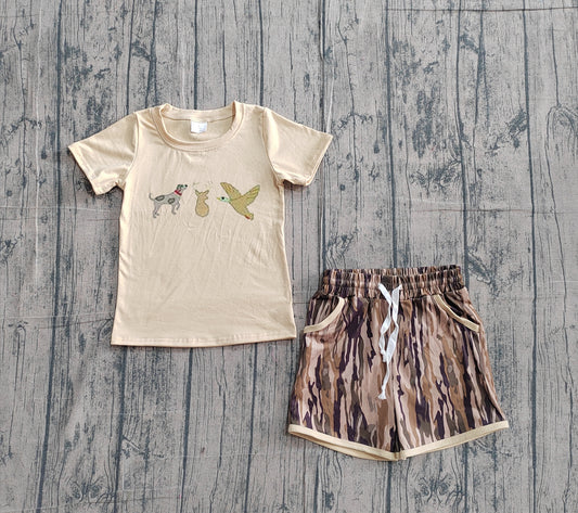 NO MOQ preorder BSSO1927 Embroidered Puppy Deer Duck Hunting Khaki Short-Sleeve Camouflage Shorts Boys Sets 202602