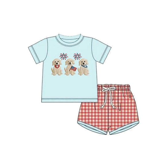 MOQ 5 PCS preorder BSSO1934 4th of July Puppy Fireworks Flag Pea Green Short Sleeve Red Plaid Shorts Boys Sets 202602