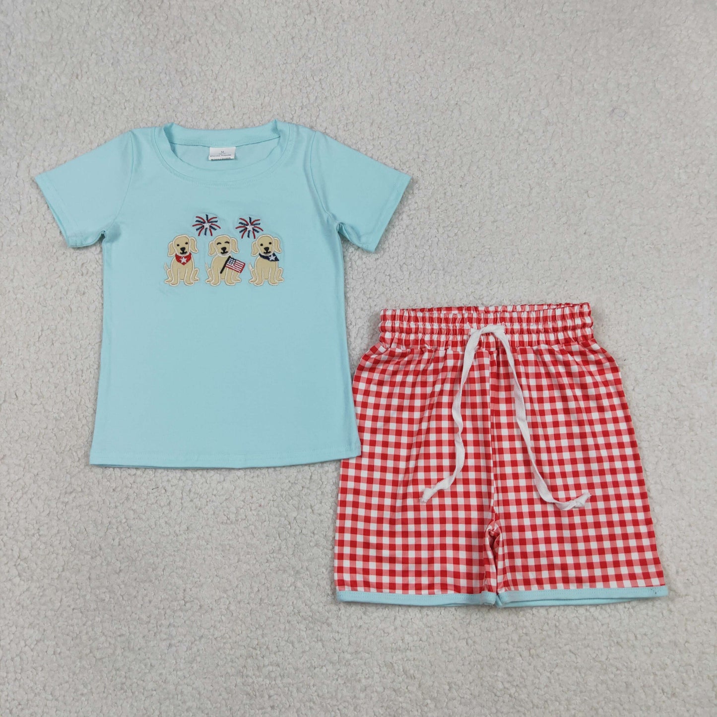 BSSO1934 Embroidered 4th of July Puppy Fireworks Flag Pea Green Short Sleeve Red Plaid Shorts Boys Sets 202605 RTS