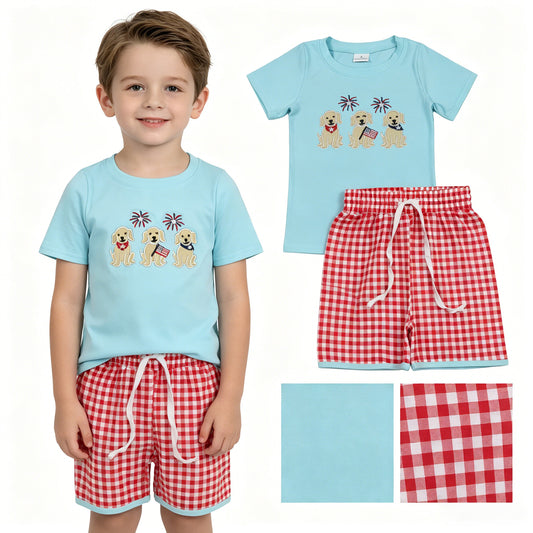 BSSO1934 Embroidered 4th of July Puppy Fireworks Flag Pea Green Short Sleeve Red Plaid Shorts Boys Sets 202605 RTS