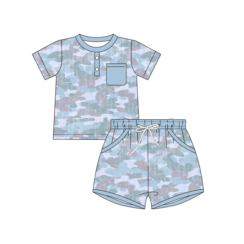 MOQ 5 PCS preorder BSSO1937 Gray Blue Camouflage Short Sleeve Shorts Boys Sets 202602