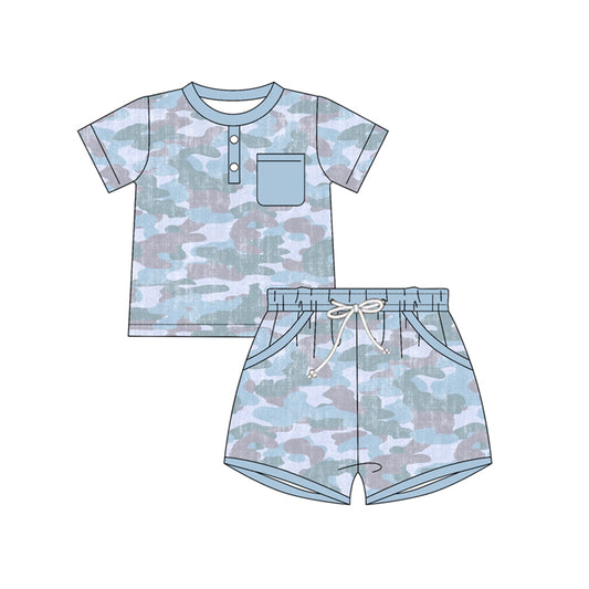 MOQ 5 PCS preorder BSSO1937 Gray Blue Camouflage Short Sleeve Shorts Boys Sets 202602