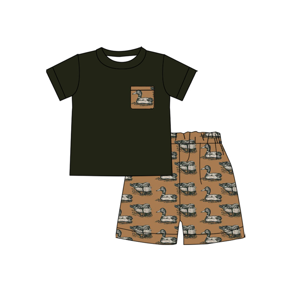 MOQ 5 PCS preorder BSSO1940 Duck Hunting Brown Pocket Black Short Sleeve Shorts Boys Sets 202602