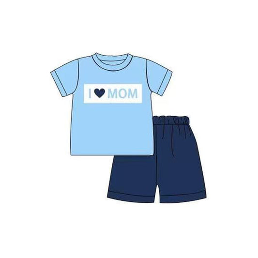 MOQ 5 PCS preorder BSSO1942 I Love Mom Blue Short Sleeve Shorts Boys Sets 202602