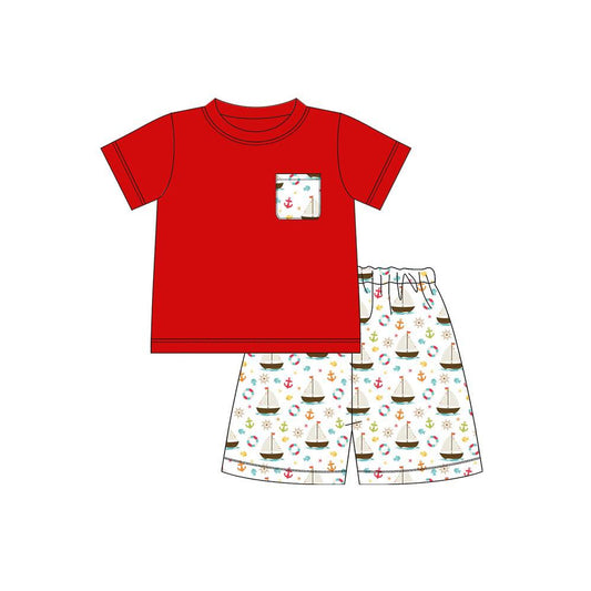 MOQ 5 PCS preorder BSSO1944 Sailboat Pocket Red Short Sleeve Shorts Boys Sets 202602