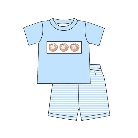MOQ 5 PCS preorder BSSO1945 Baseball Gloves Blue Short Sleeve Stripe Shorts Boys Sets 202602