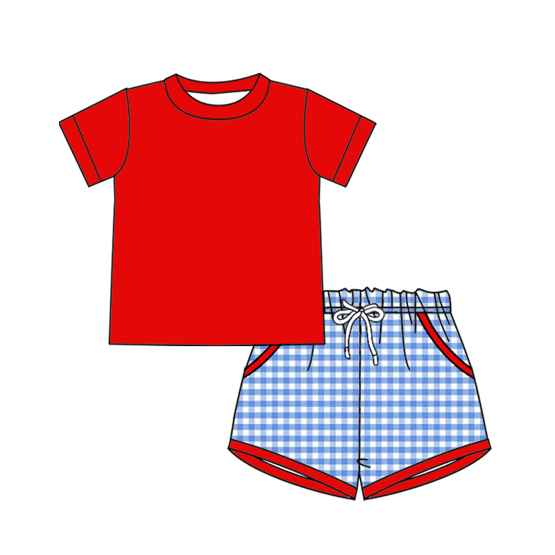 MOQ 5 PCS preorder BSSO1948 Solid Red Short Sleeve Plaid Shorts Boys Sets 202603