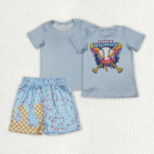 BSSO1951 Bombs Baseball Light Blue Short Sleeve Waffle Ice Cream Shorts Boys Sets 202604 RTS