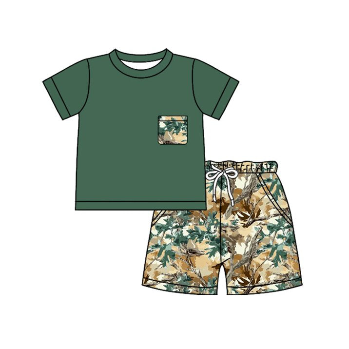 MOQ 5 PCS preorder BSSO1956 Branch and Leaf Pocket Dark Green Short Sleeve Shorts Boys Sets 202603
