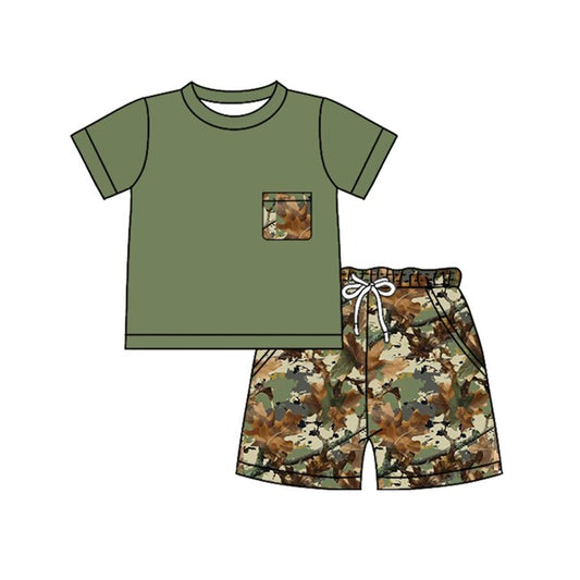 MOQ 5 PCS preorder BSSO1958 Branch and Leaf Pocket Green Short Sleeve Shorts Boys Sets 202603