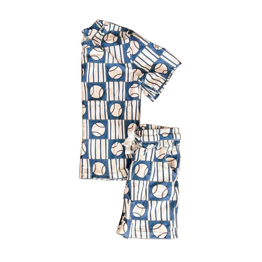 MOQ 5 PCS preorder BSSO1960 Baseball Stripe Plaid Blue White Short Sleeve Shorts Boys Sets 202603