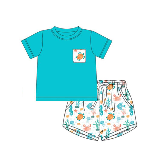 MOQ 5 PCS preorder BSSO1965 Turtle Seahorse Jellyfish Pocket Blue Green Short Sleeve Shorts Boys Sets 202603
