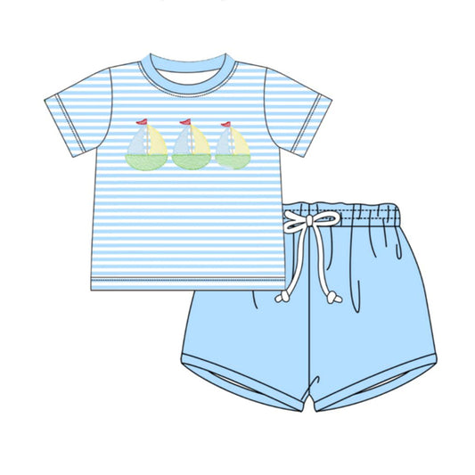 MOQ 5 PCS preorder BSSO1967 Sailboat Blue Stripe Short Sleeve Shorts Boys Sets 202603