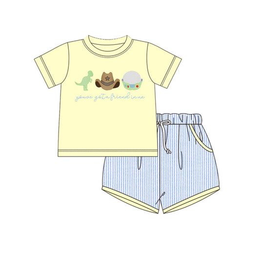 MOQ 5 PCS preorder BSSO1968 Friend Letter Cartoon Dinosaur Hat Yellow Short Sleeve Blue Stripe Shorts Boys Sets 202603