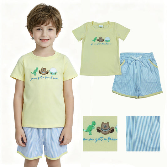 BSSO1968 Embroidered Friend Letter Cartoon Dinosaur Hat Yellow Short Sleeve Blue Stripe Shorts Boys Sets 202604 RTS