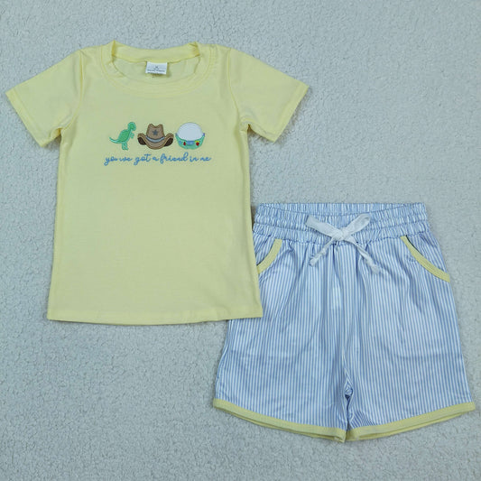BSSO1968 Embroidered Friend Letter Cartoon Dinosaur Hat Yellow Short Sleeve Blue Stripe Shorts Boys Sets 202604 RTS