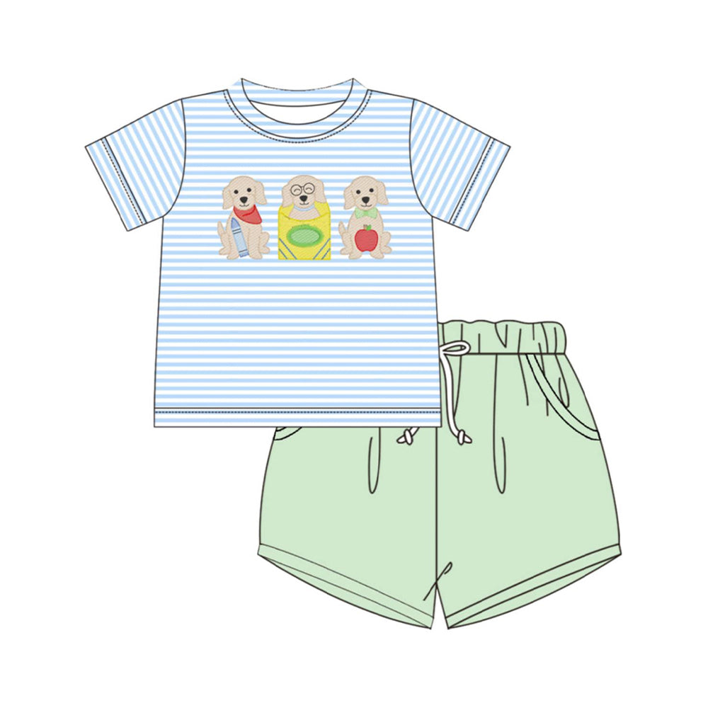 MOQ 5 PCS preorder BSSO1971 Back to School Puppy Apple Pencil Blue Stripe Short Sleeve Green Shorts Boys Sets 202603