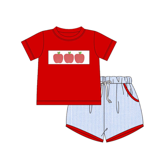 MOQ 5 PCS preorder BSSO1974 Back to School Apple Red Short Sleeve Blue Stripe Shorts Boys Sets 202603