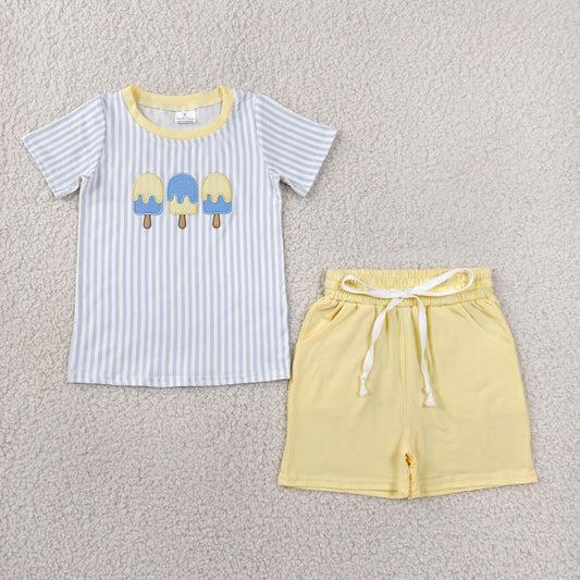 BSSO1975 Embroidered Ice Cream Blue Stripe Short Sleeve Yellow Shorts Boys Sets 202606 RTS