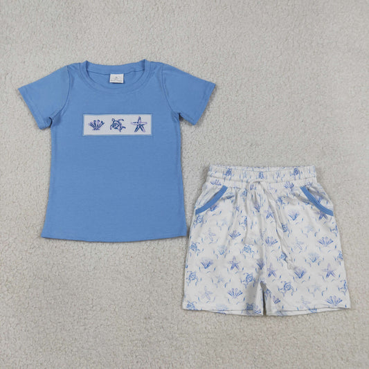 BSSO1979 Embroidered Seashells Turtles Starfish Blue Short Sleeve White Shorts Boys Sets 202604 RTS
