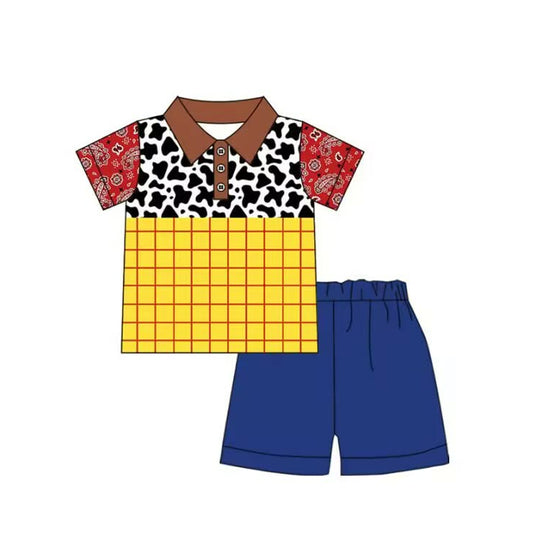 MOQ 5 PCS preorder BSSO1985 Cartoon Character Cow Print Plaid Polo Short Sleeve Navy Shorts Boys Sets 202603