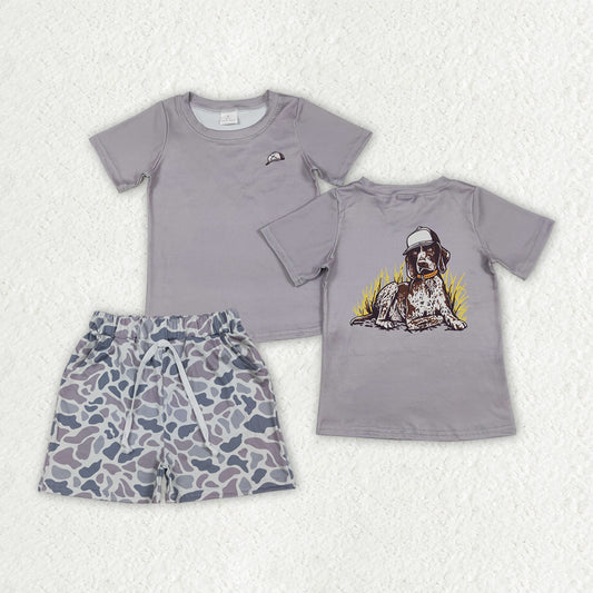 BSSO1988 Puppy Hat Hunting Gray Short Sleeve Camouflage Shorts Boys Sets 202603 RTS