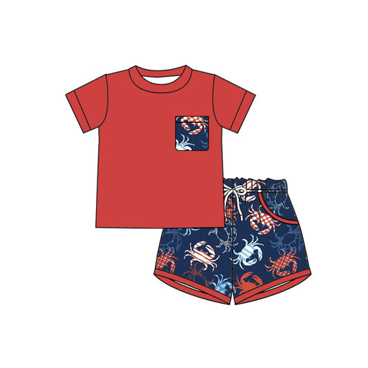MOQ 5 PCS preorder BSSO1989 Crab Pocket Red Short Sleeve Navy Shorts Boys Sets 202603