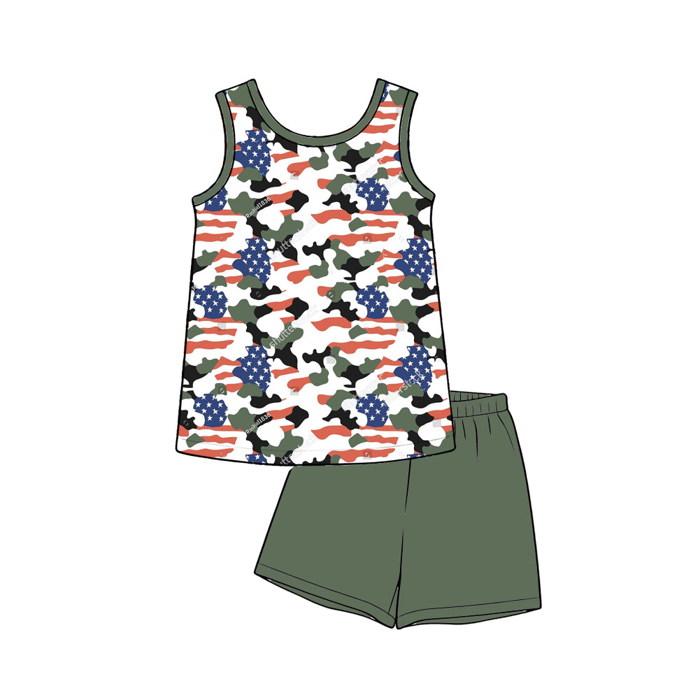 MOQ 5 PCS preorder BSSO1993 4th of July Camouflage Sleeveless Dark Green Shorts Boys Sets 202603
