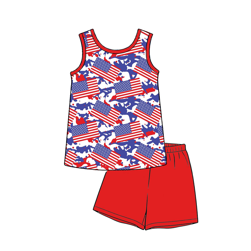 MOQ 5 PCS preorder BSSO1994 4th of July Flag Camouflage Sleeveless Red Shorts Boys Sets 202603