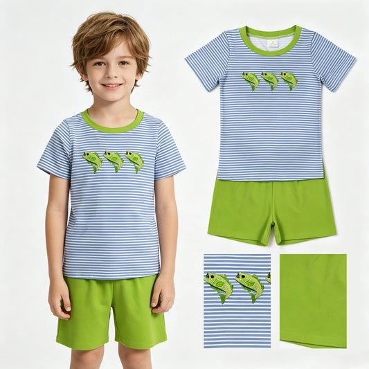 BSSO2001 Fishing Pattern Blue Stripe Short Sleeve Green Shorts Boys Sets 202605 RTS