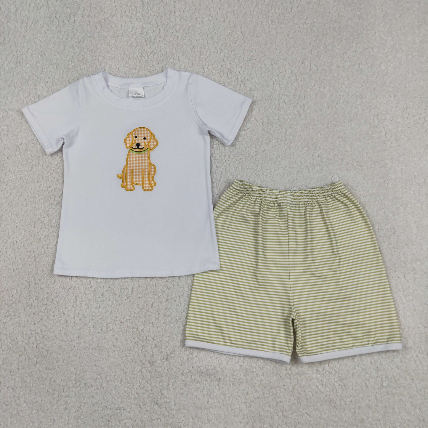 Sibling Matching Clothes Puppy Pattern Embroidered Green Stripe Short Sleeve Boys Outfit 202605 RTS