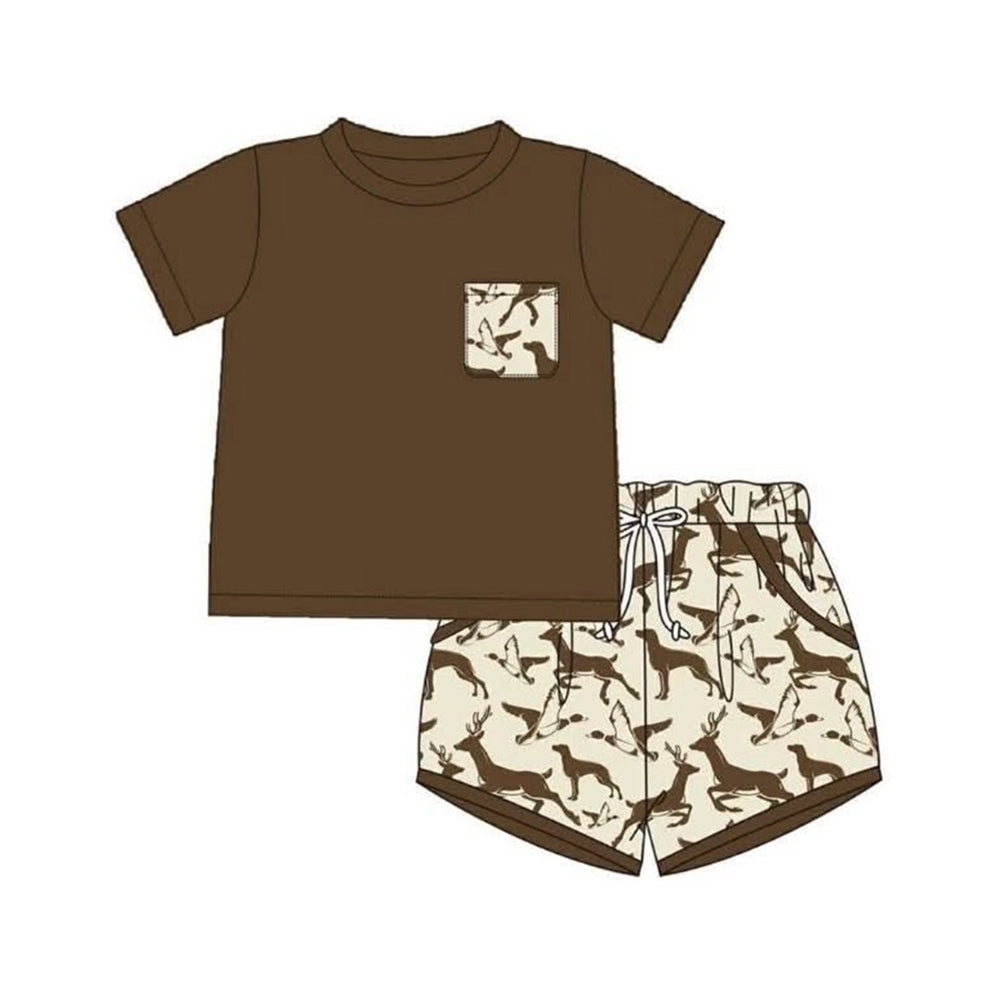 MOQ 5 PCS preorder BSSO2006 Puppy Duck Hunting Pattern Pocket Brown Short Sleeve Shorts Boys Sets 202603