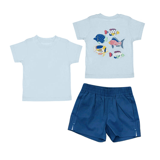 MOQ 5 PCS preorder BSSO2007 Fishing Pattern Blue Short Sleeve Shorts Boys Sets 202603