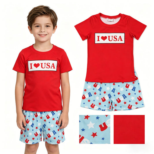 BSSO2011 4th of July I Love USA Red Short Sleeve Shorts Boys Sets 202605 RTS