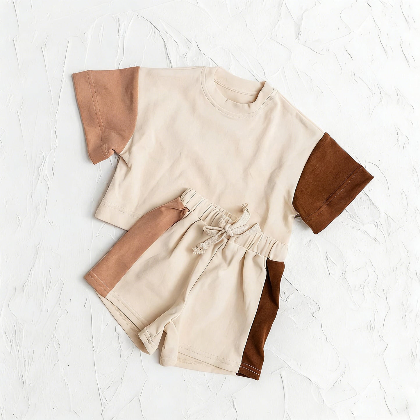 MOQ 5 PCS preorder BSSO2012 Beige Brown Patchwork Short Sleeve Shorts Boys Sets 202603
