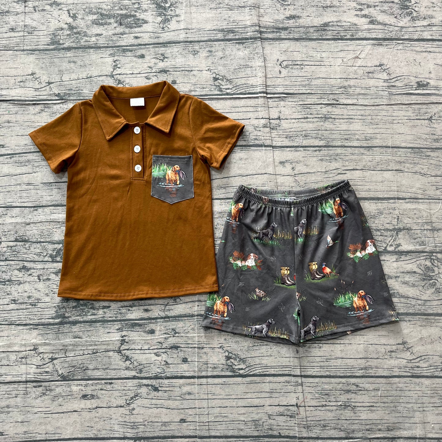 NO MOQ preorder BSSO2014 Puppy Duck Hunting Brown Polo Short Sleeve Shorts Boys Sets 202605