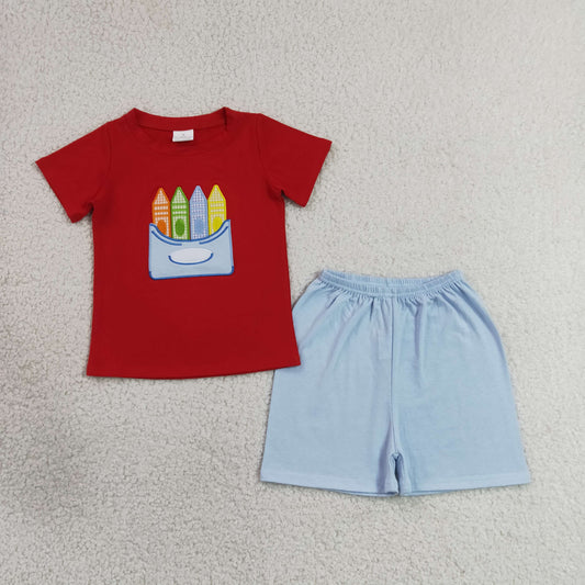 BSSO2023 Embroidered Back to School Crayon Red Short Sleeve Shorts Boys Sets 202607 RTS