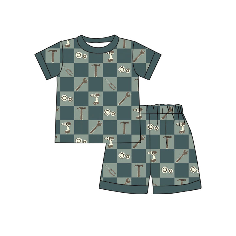 MOQ 5 PCS preorder BSSO2024 Wrench Tool Green Plaid Short Sleeve Shorts Boys Sets 202604