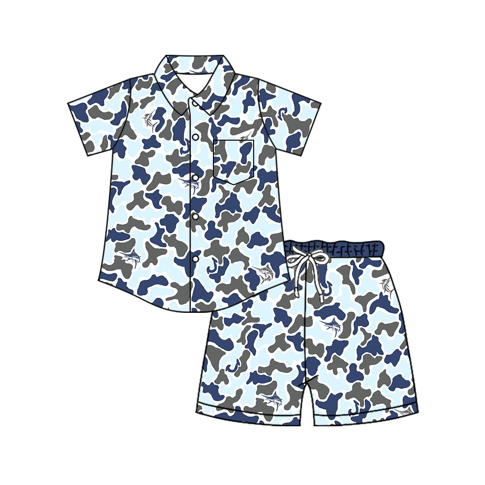 MOQ 5 PCS preorder BSSO2025 Shark Blue Camouflage Buttons Polo Short Sleeve Shorts Boys Sets 202604