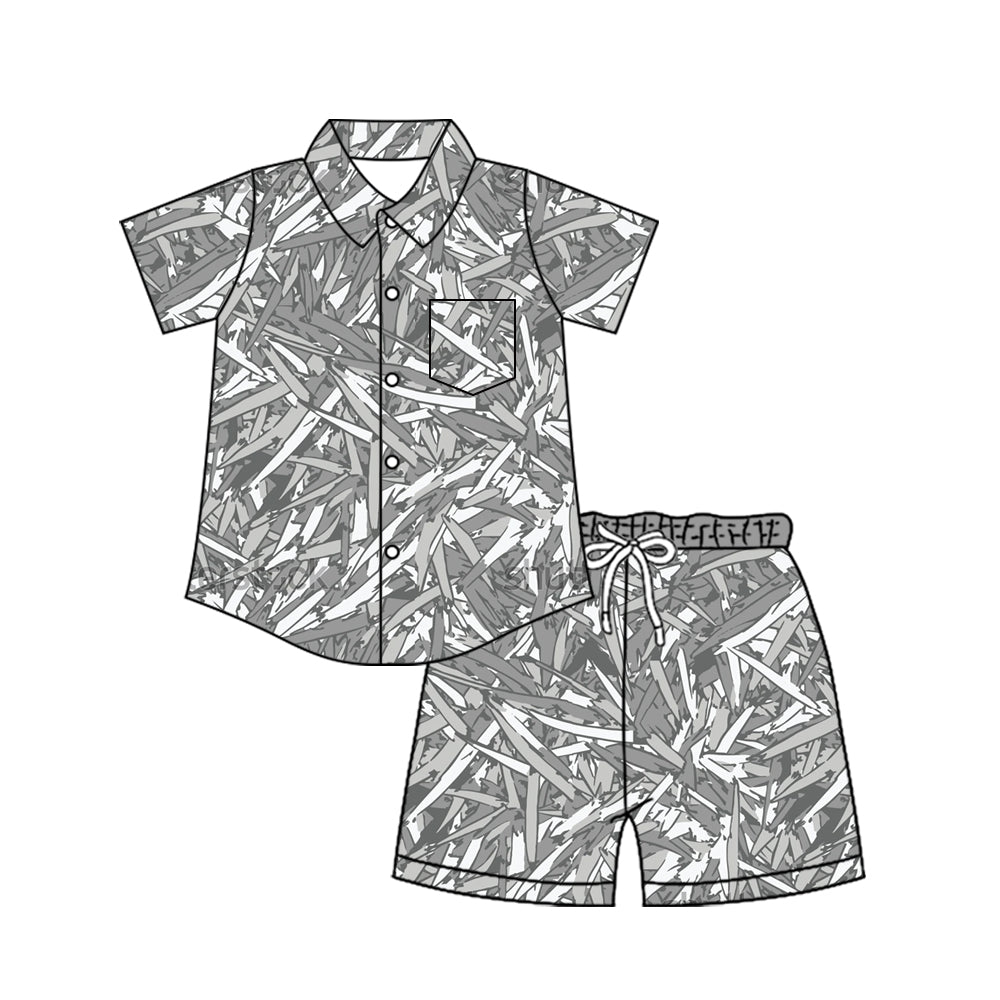 MOQ 5 PCS preorder BSSO2026 Withered Branch Pattern Gray Buttons Polo Short Sleeve Shorts Boys Sets 202604