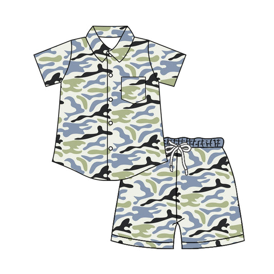 MOQ 5 PCS preorder BSSO2027 Light Blue Green Camouflage Buttons Polo Short Sleeve Shorts Boys Sets 202604