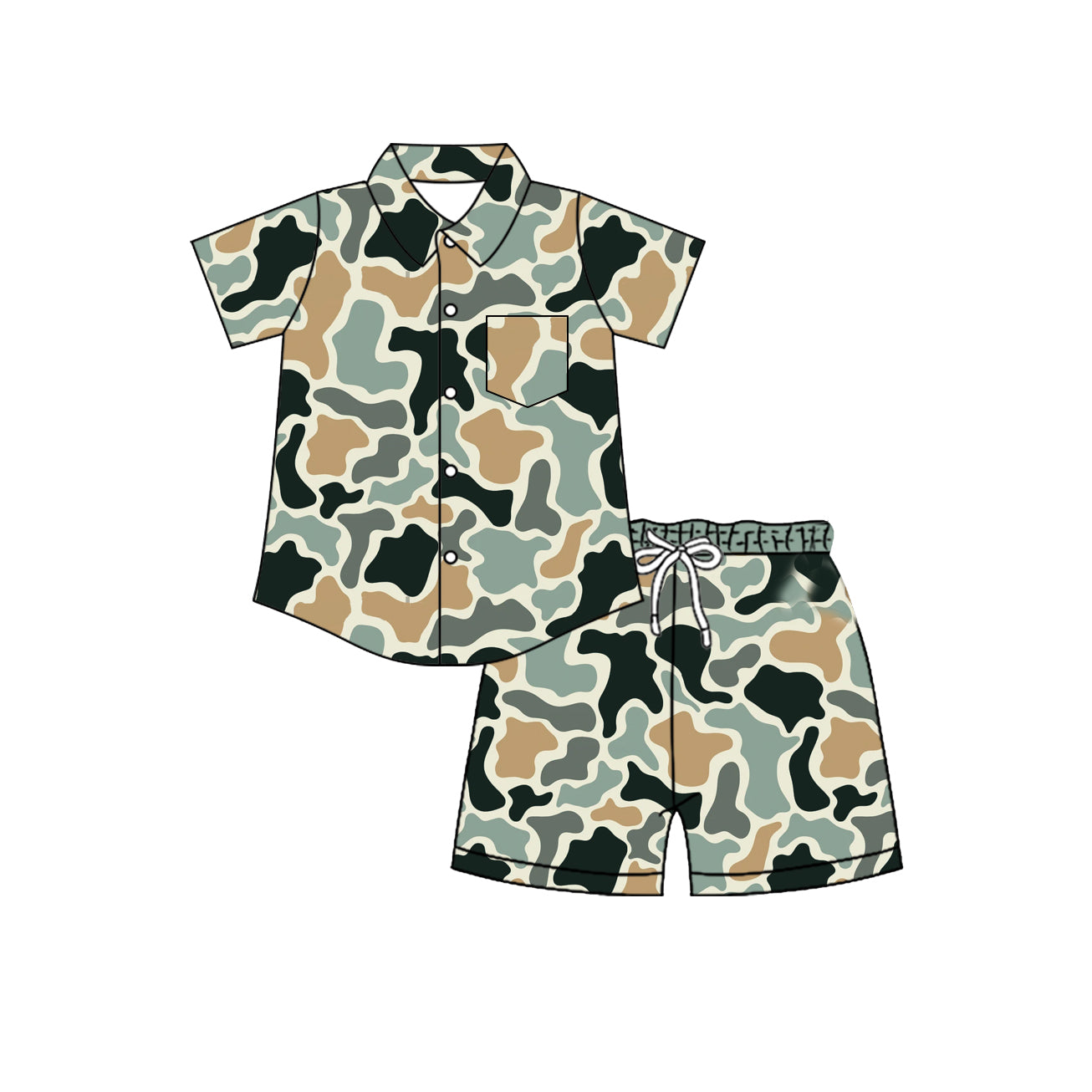 MOQ 5 PCS preorder BSSO2027 Gray Green Camouflage Buttons Polo Short Sleeve Shorts Boys Sets 202604