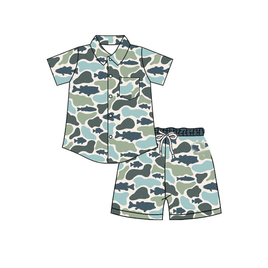 MOQ 5 PCS preorder BSSO209 Fish Pattern Blue Green Camouflage Buttons Polo Short Sleeve Shorts Boys Sets 202604
