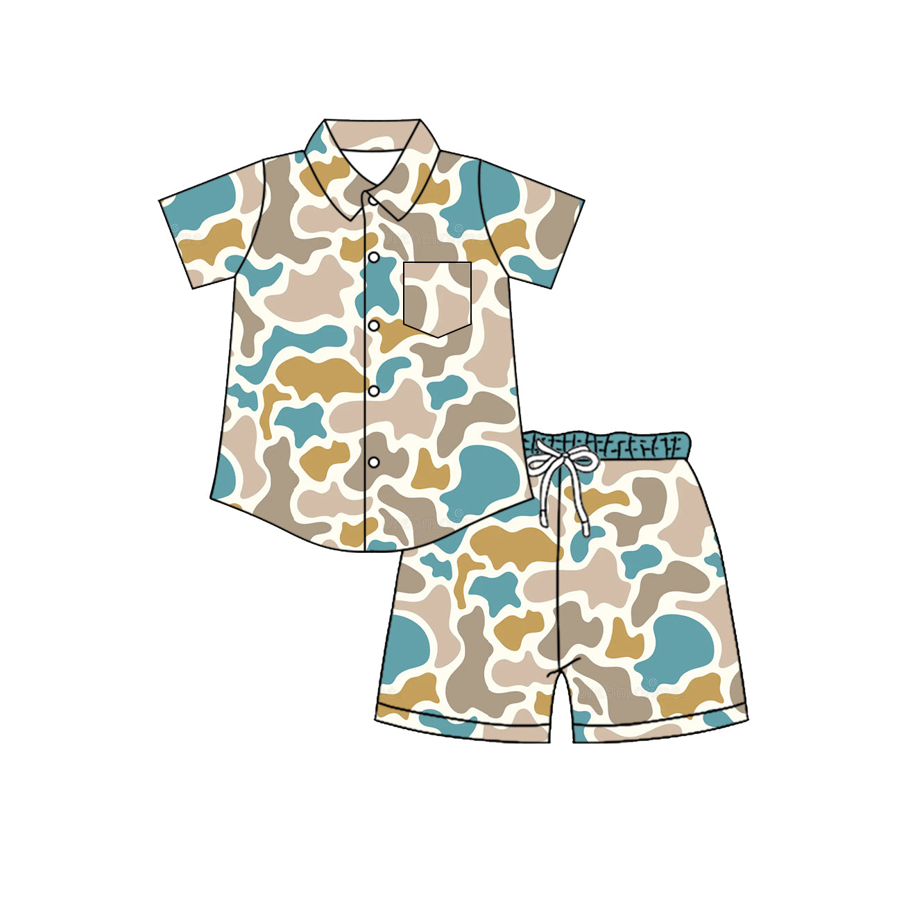 MOQ 5 PCS preorder BSSO210 Blue Green Khaki Camouflage Buttons Polo Short Sleeve Shorts Boys Sets 202604